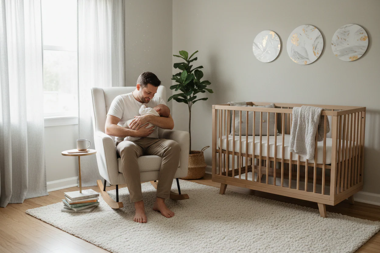Dad rocking baby in nursery