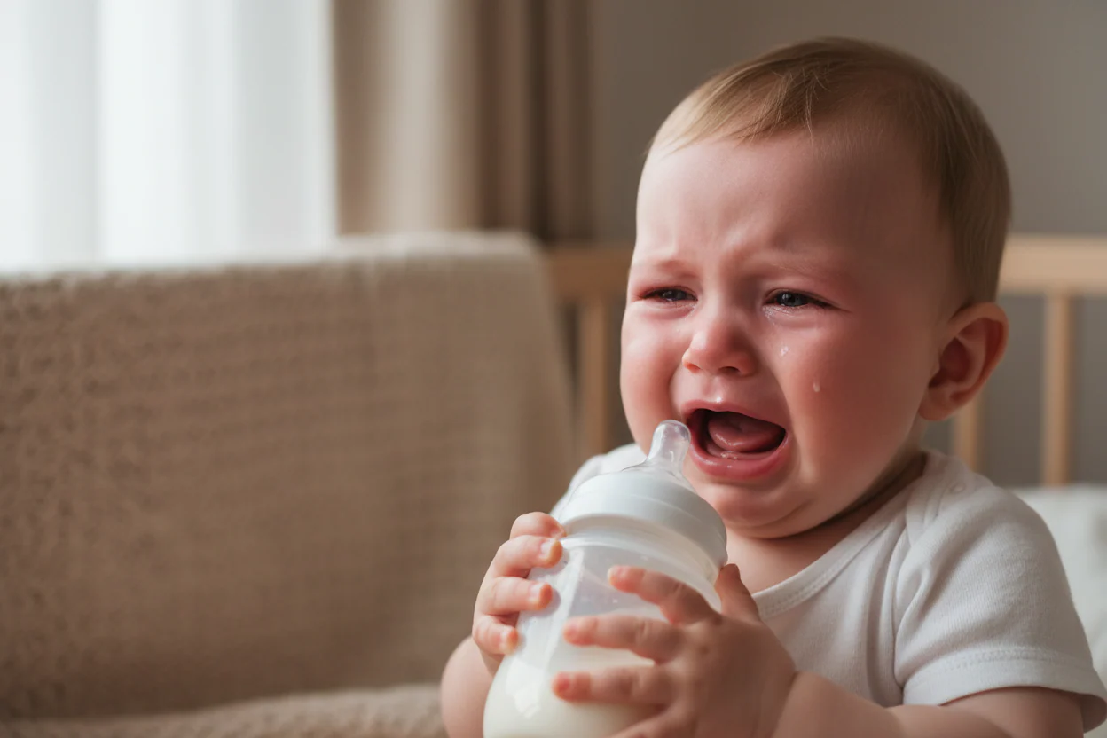 Crying baby with bottle.