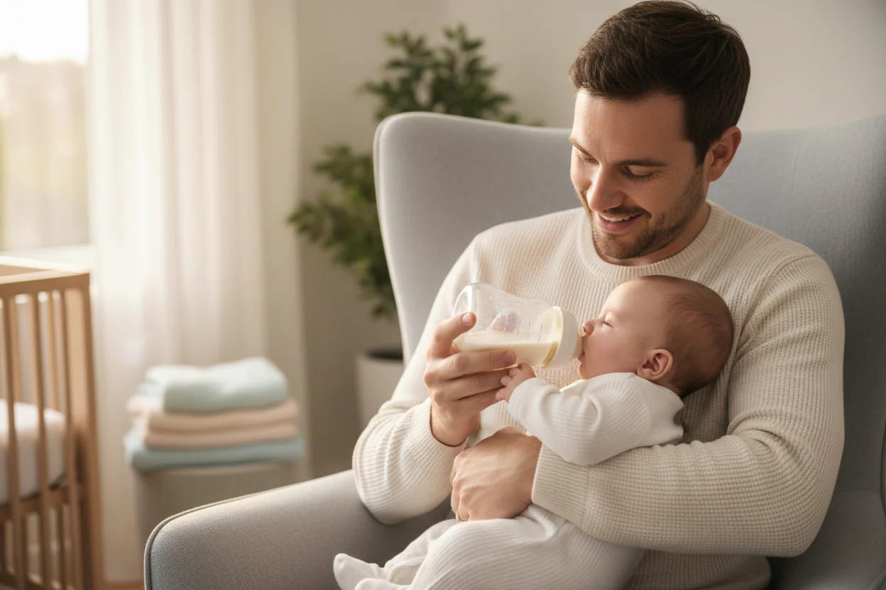 dad bottle feeding baby in a rocking chair
