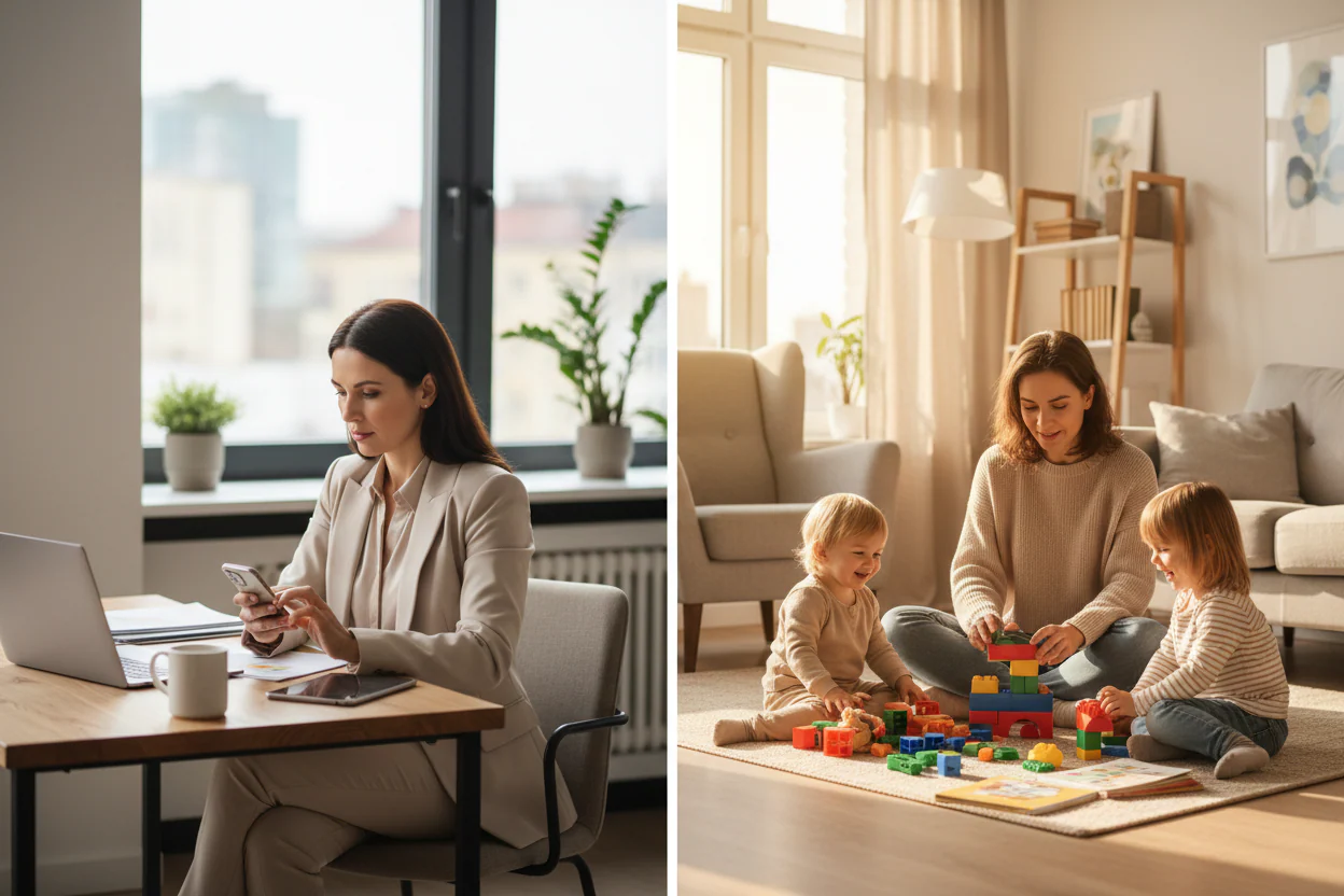 Photo on the left: a woman working. Photo on the right: a mom building blocks with her two children.