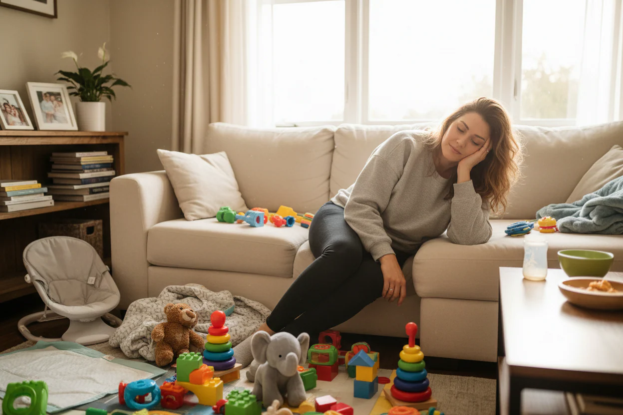 Woman on a couch who is closing her eyes