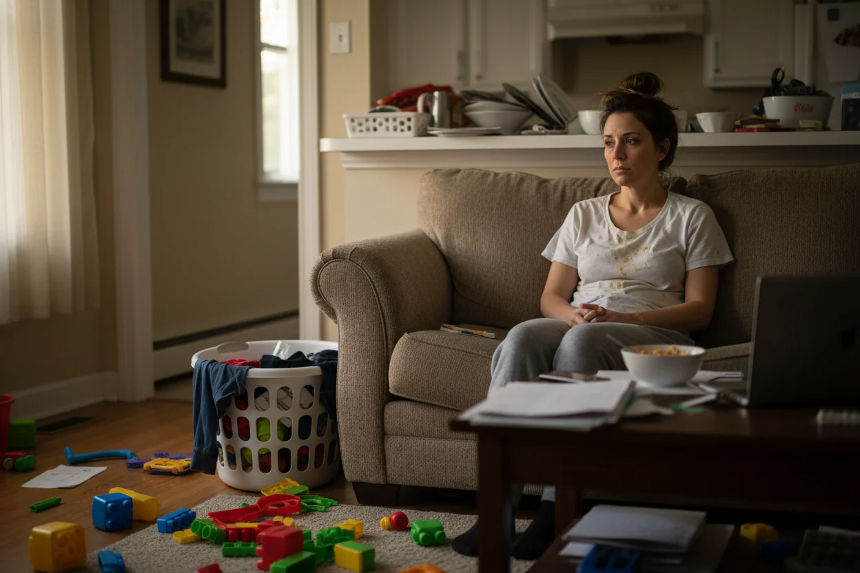 Mom sitting with a pile of laundry and unorganized toys on the floor