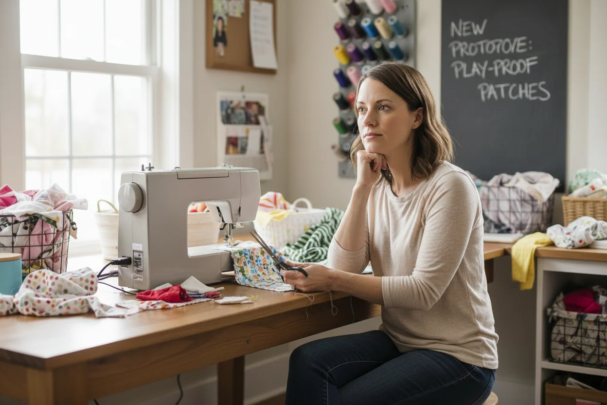 Woman is inquisitive next to a sewing machine with a lot of supplies around.