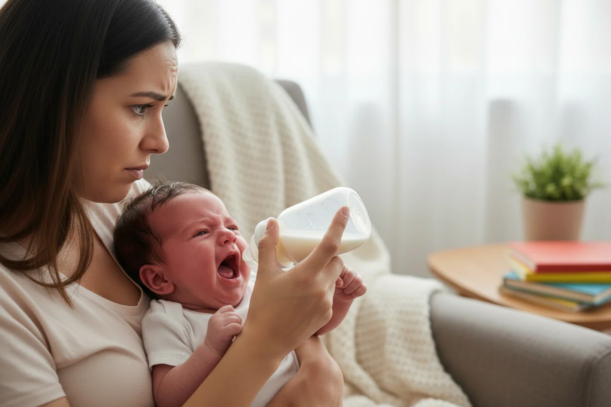 Frustrated mom trying to feed her screaming baby a bottle.