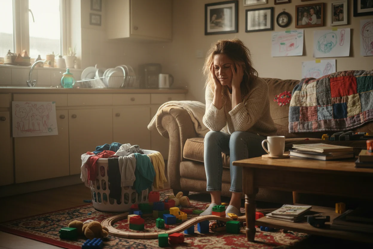 A frustrated mom in a messy house.
