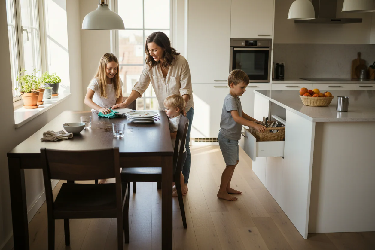 Mom and her 3 young ids cleaning up the kitchen table