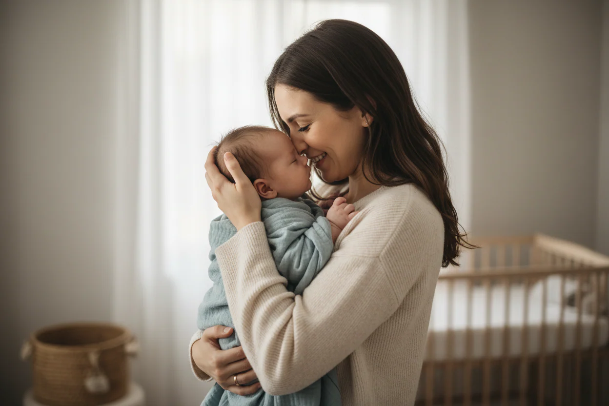 Mom smiling snuggling infant.