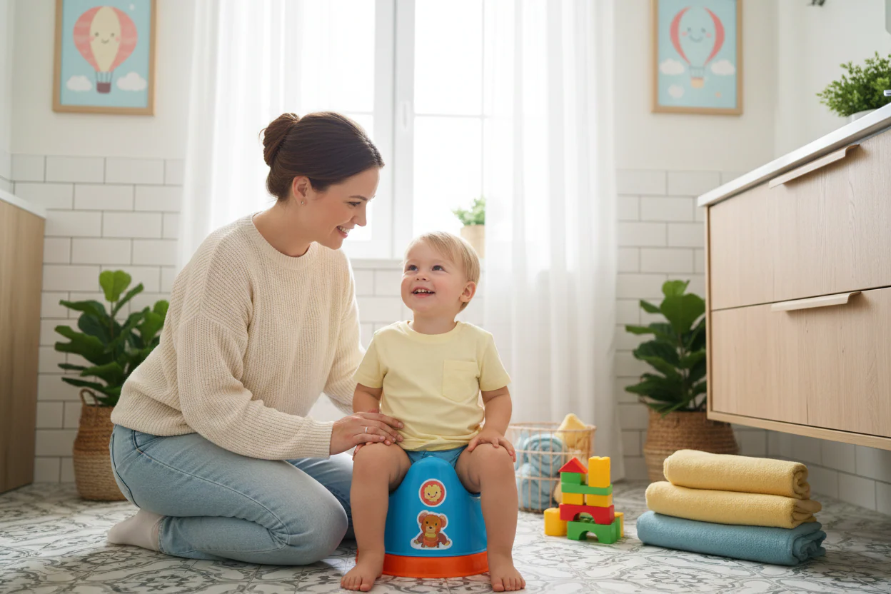 Mom teaching her toddler how to use a small potty.