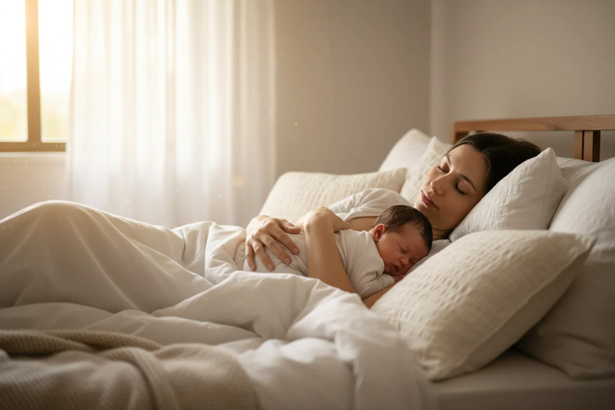 Mom resting in bed with her newborn baby