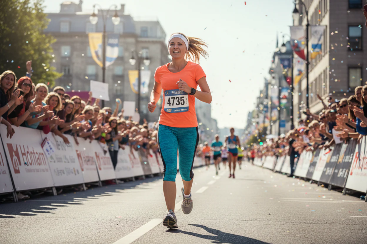 Woman running in a race with a race bib and crowd cheering.