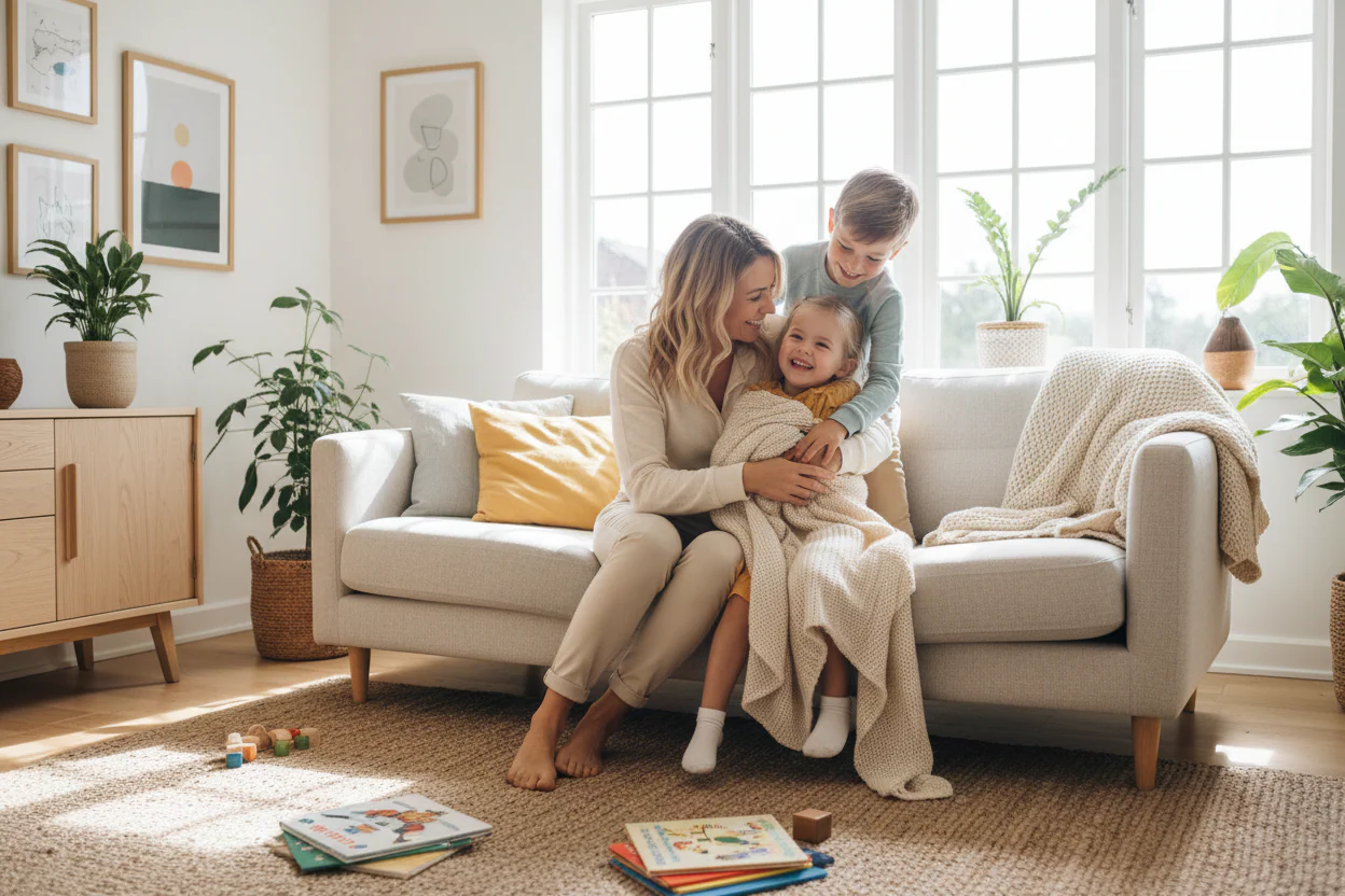 Mom hugging her kids on the couch.