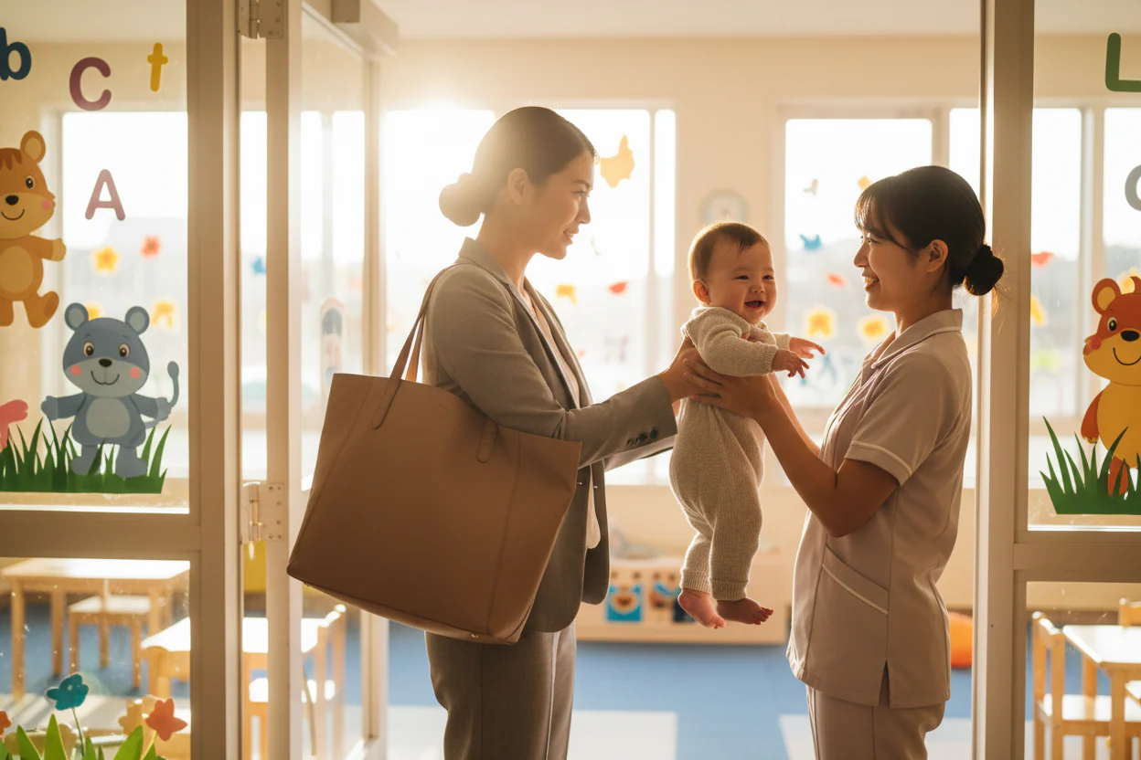 Mom dropping baby off at daycare.