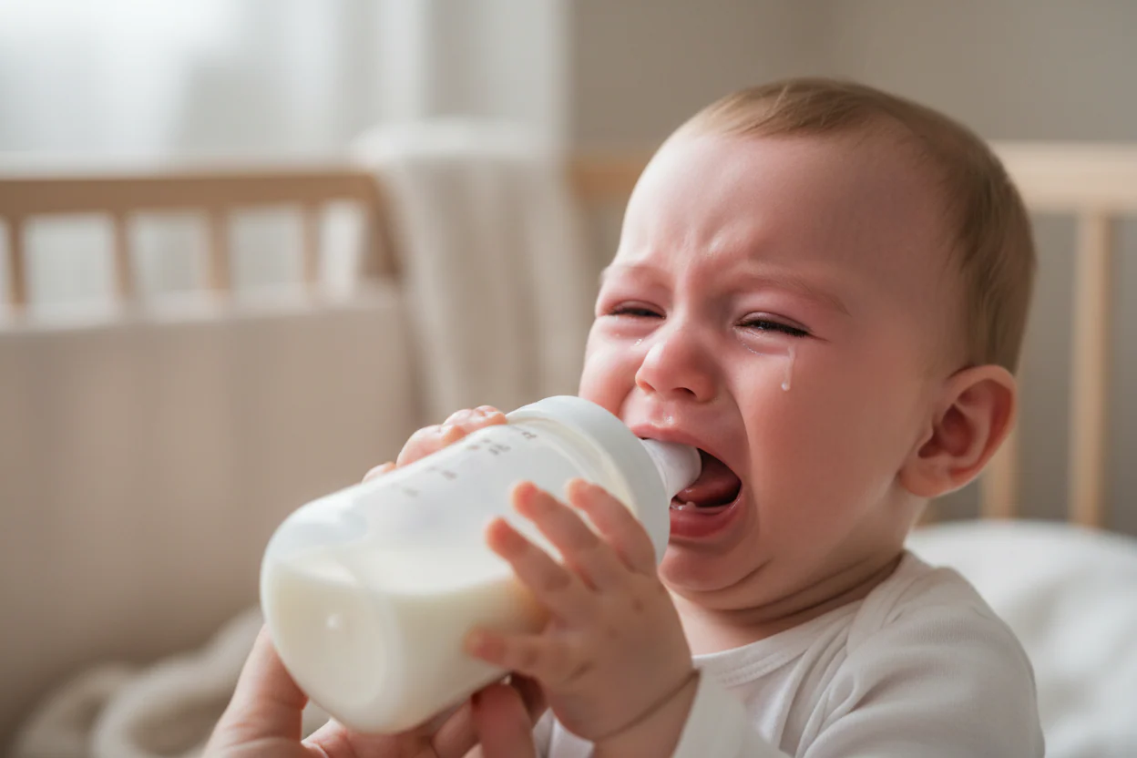 baby crying drinking milk from a bottle