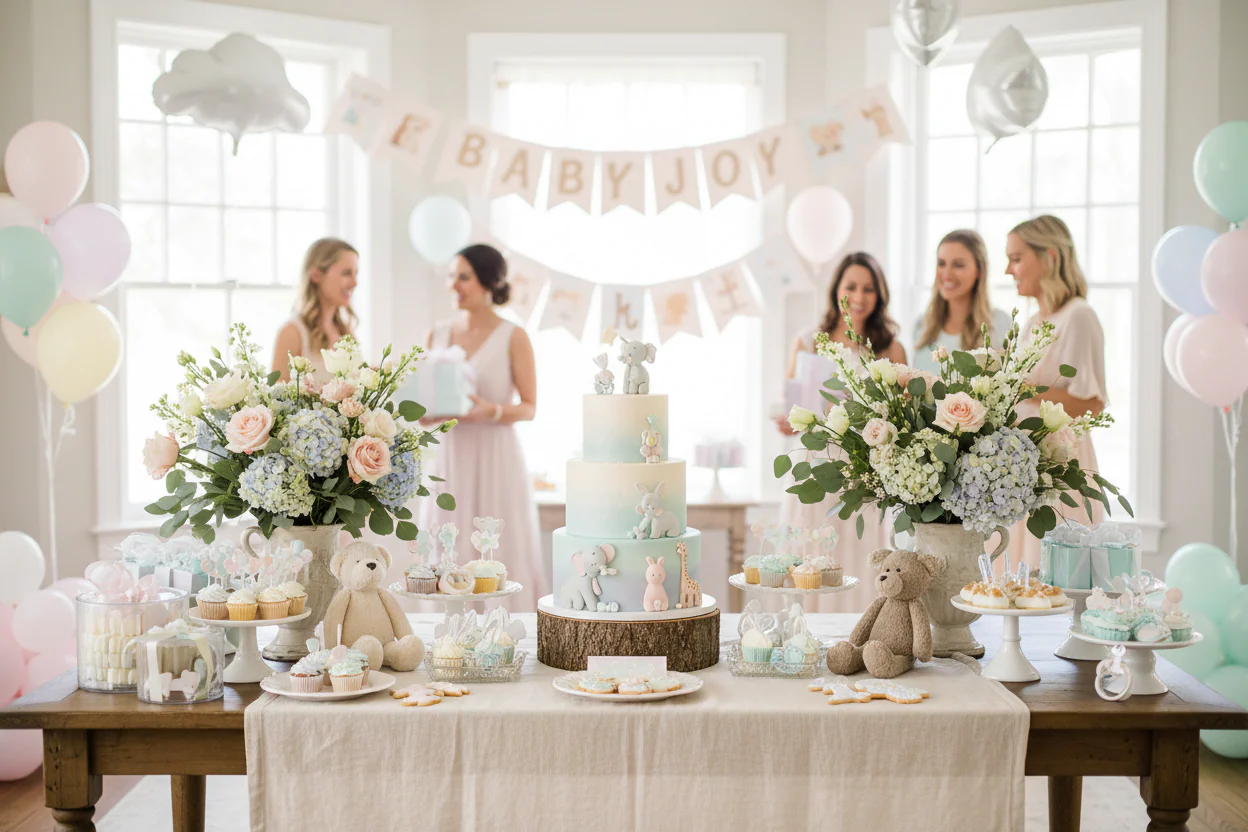 Women celebrating at a baby shower with a cake and other party goodies.