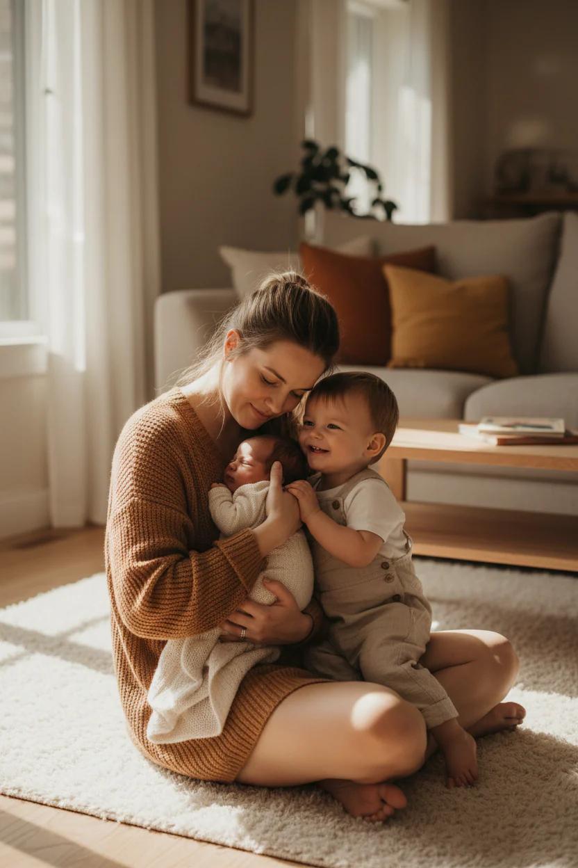 A mom holding her newborn and toddler.