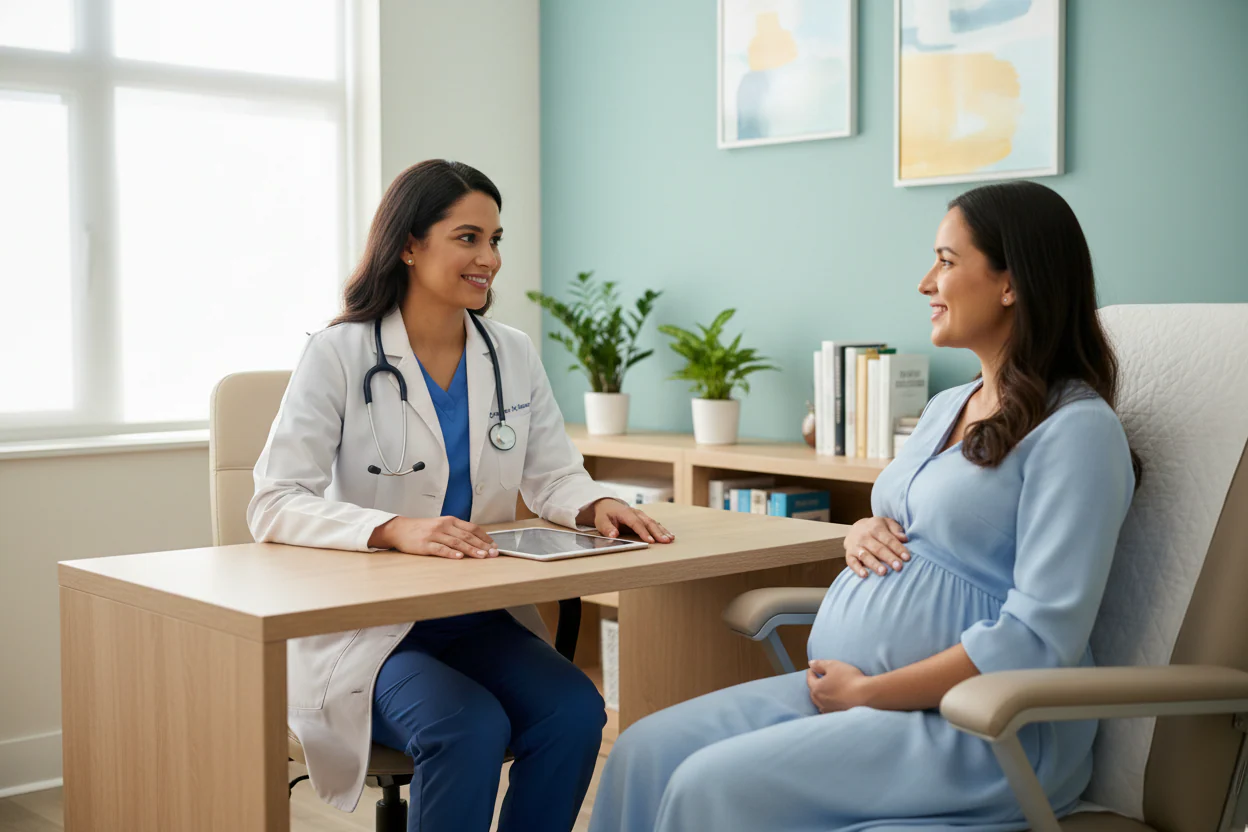 A medical doctor with a pregnant woman sitting at a desk..