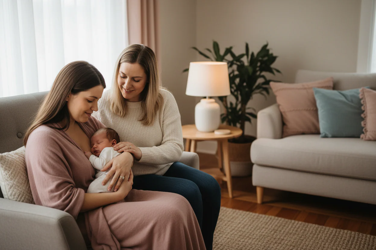 A mom holding her newborn baby with another woman at her side.
